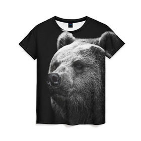 Женская футболка 3D с принтом Медведь в Екатеринбурге, 100% полиэфир ( синтетическое хлопкоподобное полотно) | прямой крой, круглый вырез горловины, длина до линии бедер | бурый | дикий | животное | медведь | россия | символ | тайги | фото | хищник | хозяин | черно белое
