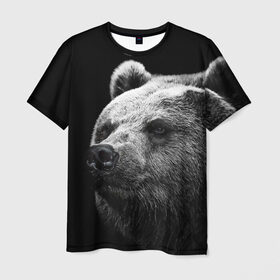 Мужская футболка 3D с принтом Медведь в Екатеринбурге, 100% полиэфир | прямой крой, круглый вырез горловины, длина до линии бедер | бурый | дикий | животное | медведь | россия | символ | тайги | фото | хищник | хозяин | черно белое