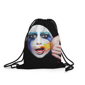 Рюкзак-мешок 3D с принтом Lady Gaga в Екатеринбурге, 100% полиэстер | плотность ткани — 200 г/м2, размер — 35 х 45 см; лямки — толстые шнурки, застежка на шнуровке, без карманов и подкладки | Тематика изображения на принте: lady gaga | взгляд | звезда | знаменитость | леди гаага | певица | поп | портрет | эпатаж | эпатажная