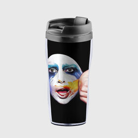 Термокружка-непроливайка с принтом Lady Gaga в Екатеринбурге, внутренняя часть — пищевой пластик, наружная часть — прозрачный пластик, между ними — полиграфическая вставка с рисунком | объем — 350 мл, герметичная крышка | lady gaga | взгляд | звезда | знаменитость | леди гаага | певица | поп | портрет | эпатаж | эпатажная