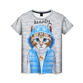 Женская футболка 3D с принтом Модная киска в Екатеринбурге, 100% полиэфир ( синтетическое хлопкоподобное полотно) | прямой крой, круглый вырез горловины, длина до линии бедер | baby | beauty | cat | ketty | sweet | девушке | киска | кошка | мода | модная | сладкая | чика