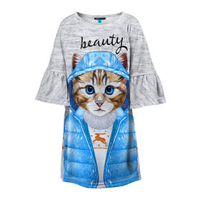 Детское платье 3D с принтом Модная киска в Екатеринбурге, 100% полиэстер | прямой силуэт, чуть расширенный к низу. Круглая горловина, на рукавах — воланы | baby | beauty | cat | ketty | sweet | девушке | киска | кошка | мода | модная | сладкая | чика