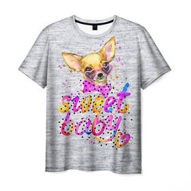 Мужская футболка 3D с принтом милая Чихуахуа в Екатеринбурге, 100% полиэфир | прямой крой, круглый вырез горловины, длина до линии бедер | baby | dog | sweet | девушке | собачка | чихуахуа