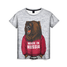 Женская футболка 3D с принтом made in Russia в Екатеринбурге, 100% полиэфир ( синтетическое хлопкоподобное полотно) | прямой крой, круглый вырез горловины, длина до линии бедер | bear | made | made in russia | russia | злой | медведь | пасть | русский | я | я русский