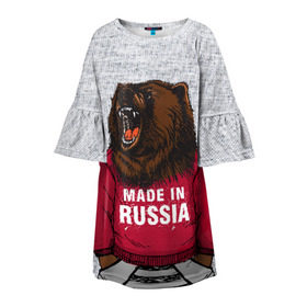 Детское платье 3D с принтом made in Russia в Екатеринбурге, 100% полиэстер | прямой силуэт, чуть расширенный к низу. Круглая горловина, на рукавах — воланы | Тематика изображения на принте: bear | made | made in russia | russia | злой | медведь | пасть | русский | я | я русский