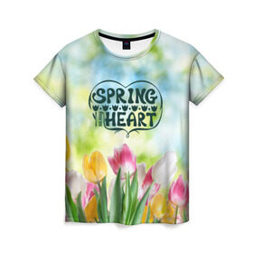 Женская футболка 3D с принтом Весна в моем сердце в Екатеринбурге, 100% полиэфир ( синтетическое хлопкоподобное полотно) | прямой крой, круглый вырез горловины, длина до линии бедер | heart | весенний макет с тюльпанами поднимет настроение вам и окружающимspring | весна | сердце | тюльпан | цветы