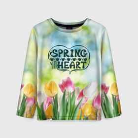 Детский лонгслив 3D с принтом Весна в моем сердце в Екатеринбурге, 100% полиэстер | длинные рукава, круглый вырез горловины, полуприлегающий силуэт
 | heart | весенний макет с тюльпанами поднимет настроение вам и окружающимspring | весна | сердце | тюльпан | цветы