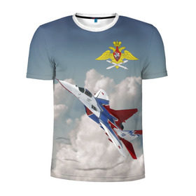 Мужская футболка 3D спортивная с принтом Самолёт в Екатеринбурге, 100% полиэстер с улучшенными характеристиками | приталенный силуэт, круглая горловина, широкие плечи, сужается к линии бедра | Тематика изображения на принте: авиация | ввс | ввс россии | небо | самолёт