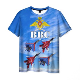 Мужская футболка 3D с принтом ВВС России в Екатеринбурге, 100% полиэфир | прямой крой, круглый вырез горловины, длина до линии бедер | авиация | ввс | день ввс | небо | россия | самолёты