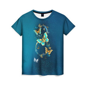 Женская футболка 3D с принтом Бабочки в Екатеринбурге, 100% полиэфир ( синтетическое хлопкоподобное полотно) | прямой крой, круглый вырез горловины, длина до линии бедер | 8 марта | бабочки | женский | международный | подарок | цветы