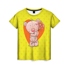 Женская футболка 3D с принтом Мишка с цветочками в Екатеринбурге, 100% полиэфир ( синтетическое хлопкоподобное полотно) | прямой крой, круглый вырез горловины, длина до линии бедер | 8марта | весна | девушкам | милый | мишка | подарок | цветок