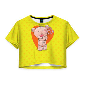 Женская футболка 3D укороченная с принтом Мишка с цветочками в Екатеринбурге, 100% полиэстер | круглая горловина, длина футболки до линии талии, рукава с отворотами | 8марта | весна | девушкам | милый | мишка | подарок | цветок