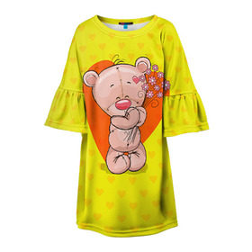 Детское платье 3D с принтом Мишка с цветочками в Екатеринбурге, 100% полиэстер | прямой силуэт, чуть расширенный к низу. Круглая горловина, на рукавах — воланы | 8марта | весна | девушкам | милый | мишка | подарок | цветок