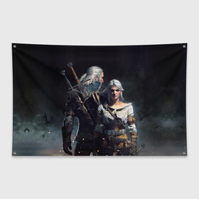 Флаг-баннер с принтом Geralt and Ciri в Екатеринбурге, 100% полиэстер | размер 67 х 109 см, плотность ткани — 95 г/м2; по краям флага есть четыре люверса для крепления | ciri | gerald | roach | wild hunt | witcher | ведьмак | ведьмы | геральд | дикая охота | йен | йеннифер | плотва | цири
