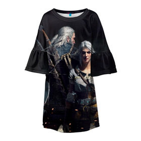 Детское платье 3D с принтом Geralt and Ciri в Екатеринбурге, 100% полиэстер | прямой силуэт, чуть расширенный к низу. Круглая горловина, на рукавах — воланы | Тематика изображения на принте: ciri | gerald | roach | wild hunt | witcher | ведьмак | ведьмы | геральд | дикая охота | йен | йеннифер | плотва | цири