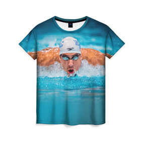 Женская футболка 3D с принтом Пловец в Екатеринбурге, 100% полиэфир ( синтетическое хлопкоподобное полотно) | прямой крой, круглый вырез горловины, длина до линии бедер | плавание | спорт