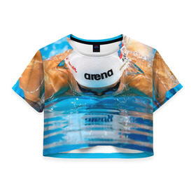 Женская футболка 3D укороченная с принтом Пловец в Екатеринбурге, 100% полиэстер | круглая горловина, длина футболки до линии талии, рукава с отворотами | плавание | спорт