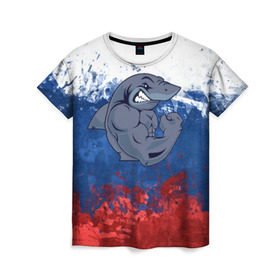 Женская футболка 3D с принтом Акула в Екатеринбурге, 100% полиэфир ( синтетическое хлопкоподобное полотно) | прямой крой, круглый вырез горловины, длина до линии бедер | плавание | россия | русский | спорт