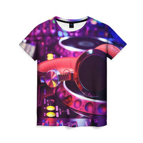 Женская футболка 3D с принтом DJ Mix в Екатеринбурге, 100% полиэфир ( синтетическое хлопкоподобное полотно) | прямой крой, круглый вырез горловины, длина до линии бедер | deejay | dj | диджей | музыка | наушники | пульт