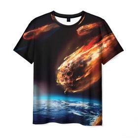 Мужская футболка 3D с принтом Метеориты в Екатеринбурге, 100% полиэфир | прямой крой, круглый вырез горловины, длина до линии бедер | астероид | земля | космос | метеор | планета