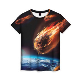 Женская футболка 3D с принтом Метеориты в Екатеринбурге, 100% полиэфир ( синтетическое хлопкоподобное полотно) | прямой крой, круглый вырез горловины, длина до линии бедер | астероид | земля | космос | метеор | планета