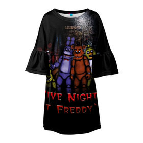 Детское платье 3D с принтом Five Nights At Freddy`s в Екатеринбурге, 100% полиэстер | прямой силуэт, чуть расширенный к низу. Круглая горловина, на рукавах — воланы | five nights at freddys | five nights at freddys по мотивам игрыfreddy | игры | мишка | фнаф | фредди