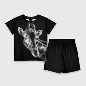 Детский костюм с шортами 3D с принтом Жираф в Екатеринбурге,  |  | африка | животное | жираф | фон | фото | черно белое | черный