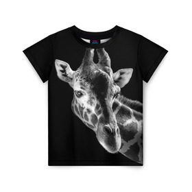 Детская футболка 3D с принтом Жираф в Екатеринбурге, 100% гипоаллергенный полиэфир | прямой крой, круглый вырез горловины, длина до линии бедер, чуть спущенное плечо, ткань немного тянется | африка | животное | жираф | фон | фото | черно белое | черный