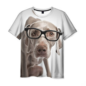 Мужская футболка 3D с принтом Собака в очках в Екатеринбурге, 100% полиэфир | прямой крой, круглый вырез горловины, длина до линии бедер | в очках | дог | животное | очки | прикол | пятнистый | собака | щенок