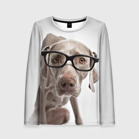 Женский лонгслив 3D с принтом Собака в очках в Екатеринбурге, 100% полиэстер | длинные рукава, круглый вырез горловины, полуприлегающий силуэт | в очках | дог | животное | очки | прикол | пятнистый | собака | щенок
