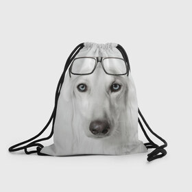Рюкзак-мешок 3D с принтом Собака в очках в Екатеринбурге, 100% полиэстер | плотность ткани — 200 г/м2, размер — 35 х 45 см; лямки — толстые шнурки, застежка на шнуровке, без карманов и подкладки | афганская | белая | борзая | в очках | животное | очки | прикол | собака