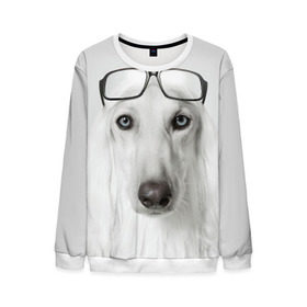 Мужской свитшот 3D с принтом Собака в очках в Екатеринбурге, 100% полиэстер с мягким внутренним слоем | круглый вырез горловины, мягкая резинка на манжетах и поясе, свободная посадка по фигуре | афганская | белая | борзая | в очках | животное | очки | прикол | собака