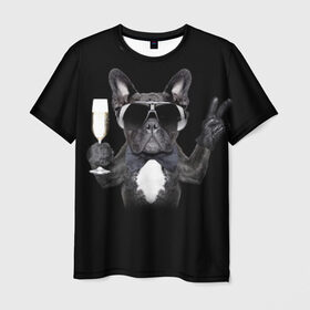 Мужская футболка 3D с принтом Бульдог в очках в Екатеринбурге, 100% полиэфир | прямой крой, круглый вырез горловины, длина до линии бедер | Тематика изображения на принте: бульдог | в очках | знак | очки | перчатка | победа | французский | фужер