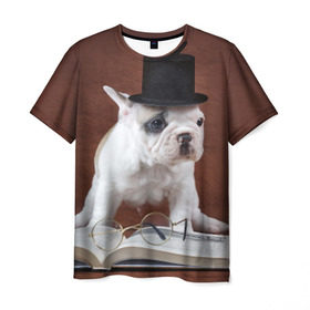 Мужская футболка 3D с принтом Бульдог в цилиндре в Екатеринбурге, 100% полиэфир | прямой крой, круглый вырез горловины, длина до линии бедер | бульдог в цилиндре | домашнее | животное | книга французский | очки | пес | прикол | собака | умный | ученый