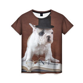 Женская футболка 3D с принтом Бульдог в цилиндре в Екатеринбурге, 100% полиэфир ( синтетическое хлопкоподобное полотно) | прямой крой, круглый вырез горловины, длина до линии бедер | бульдог в цилиндре | домашнее | животное | книга французский | очки | пес | прикол | собака | умный | ученый