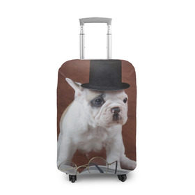 Чехол для чемодана 3D с принтом Бульдог в цилиндре в Екатеринбурге, 86% полиэфир, 14% спандекс | двустороннее нанесение принта, прорези для ручек и колес | бульдог в цилиндре | домашнее | животное | книга французский | очки | пес | прикол | собака | умный | ученый