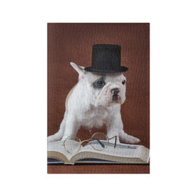 Обложка для паспорта матовая кожа с принтом Бульдог в цилиндре в Екатеринбурге, натуральная матовая кожа | размер 19,3 х 13,7 см; прозрачные пластиковые крепления | Тематика изображения на принте: бульдог в цилиндре | домашнее | животное | книга французский | очки | пес | прикол | собака | умный | ученый