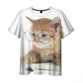 Мужская футболка 3D с принтом Кот в очках в Екатеринбурге, 100% полиэфир | прямой крой, круглый вырез горловины, длина до линии бедер | домашнее | животное | книга | кот | кот в очках | котэ | очки | прикол | умный | ученый | читает