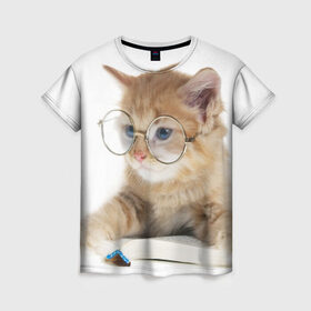 Женская футболка 3D с принтом Кот в очках в Екатеринбурге, 100% полиэфир ( синтетическое хлопкоподобное полотно) | прямой крой, круглый вырез горловины, длина до линии бедер | Тематика изображения на принте: домашнее | животное | книга | кот | кот в очках | котэ | очки | прикол | умный | ученый | читает
