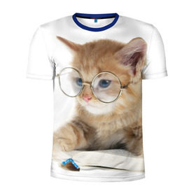 Мужская футболка 3D спортивная с принтом Кот в очках в Екатеринбурге, 100% полиэстер с улучшенными характеристиками | приталенный силуэт, круглая горловина, широкие плечи, сужается к линии бедра | домашнее | животное | книга | кот | кот в очках | котэ | очки | прикол | умный | ученый | читает