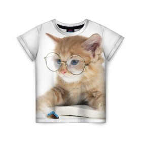 Детская футболка 3D с принтом Кот в очках в Екатеринбурге, 100% гипоаллергенный полиэфир | прямой крой, круглый вырез горловины, длина до линии бедер, чуть спущенное плечо, ткань немного тянется | домашнее | животное | книга | кот | кот в очках | котэ | очки | прикол | умный | ученый | читает