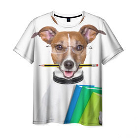 Мужская футболка 3D с принтом Ученый пес в Екатеринбурге, 100% полиэфир | прямой крой, круглый вырез горловины, длина до линии бедер | домашнее | животное | карандаш | книги | очки | ошейник | пес | прикол | собака в очках | умный | ученый