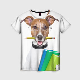 Женская футболка 3D с принтом Ученый пес в Екатеринбурге, 100% полиэфир ( синтетическое хлопкоподобное полотно) | прямой крой, круглый вырез горловины, длина до линии бедер | домашнее | животное | карандаш | книги | очки | ошейник | пес | прикол | собака в очках | умный | ученый