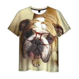 Мужская футболка 3D с принтом Бульдог в очках в Екатеринбурге, 100% полиэфир | прямой крой, круглый вырез горловины, длина до линии бедер | бульдог в очках | домашнее | животное | очки | пес | прикол | собака | умный | ученый