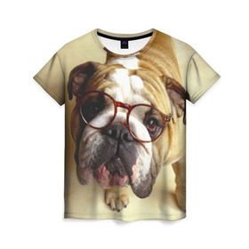 Женская футболка 3D с принтом Бульдог в очках в Екатеринбурге, 100% полиэфир ( синтетическое хлопкоподобное полотно) | прямой крой, круглый вырез горловины, длина до линии бедер | бульдог в очках | домашнее | животное | очки | пес | прикол | собака | умный | ученый