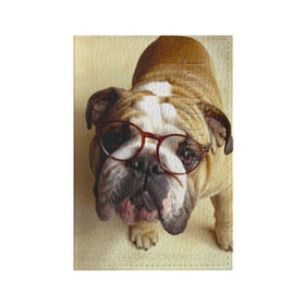 Обложка для паспорта матовая кожа с принтом Бульдог в очках в Екатеринбурге, натуральная матовая кожа | размер 19,3 х 13,7 см; прозрачные пластиковые крепления | Тематика изображения на принте: бульдог в очках | домашнее | животное | очки | пес | прикол | собака | умный | ученый