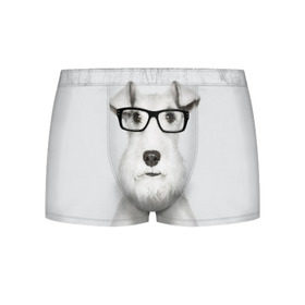 Мужские трусы 3D с принтом Собака в очках в Екатеринбурге, 50% хлопок, 50% полиэстер | классическая посадка, на поясе мягкая тканевая резинка | белый | домашнее | животное | очки | пес | прикол | собака в очках | умный | ученый | эрдельтерьер