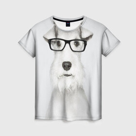 Женская футболка 3D с принтом Собака в очках в Екатеринбурге, 100% полиэфир ( синтетическое хлопкоподобное полотно) | прямой крой, круглый вырез горловины, длина до линии бедер | белый | домашнее | животное | очки | пес | прикол | собака в очках | умный | ученый | эрдельтерьер