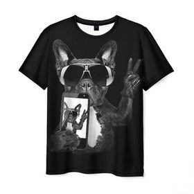 Мужская футболка 3D с принтом Бульдог в очках в Екатеринбурге, 100% полиэфир | прямой крой, круглый вырез горловины, длина до линии бедер | домашнее | животное | пес | собака