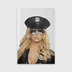 Обложка для паспорта матовая кожа с принтом Девушка полицейский в Екатеринбурге, натуральная матовая кожа | размер 19,3 х 13,7 см; прозрачные пластиковые крепления | блондинка | девушка | кожа | очки | форма | фуражка